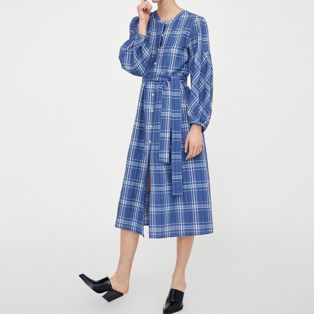 Zara Cottage Core Prairie Plaid Midi Dress blue Puff sleeves Size small